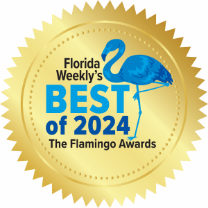 Gold seal reading “Florida Weekly’s Best of 2024, The Flamingo Awards,” with a blue flamingo illustration