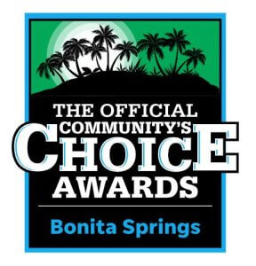 Award logo for "The Official Community’s Choice Awards, Bonita Springs," featuring black palm trees on a green background and bold white and blue text.