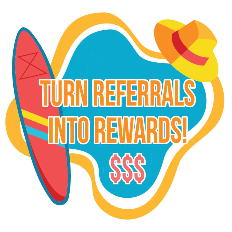 Bonita Terra bright, summer-themed graphic with a surfboard and sunhat that reads Turn Referrals Into Rewards in Bonita Springs, FL